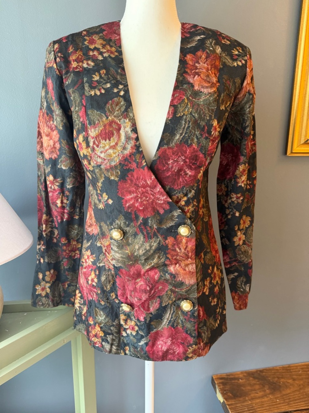 Vintage 90’s Floral Double-Breasted Blazer in Black with Red & Gold Roses